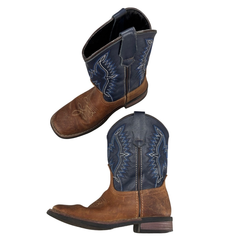 JB Dillon Kids Brown Blue Leather Western Cowboy Boots Square Toe Size 1.5